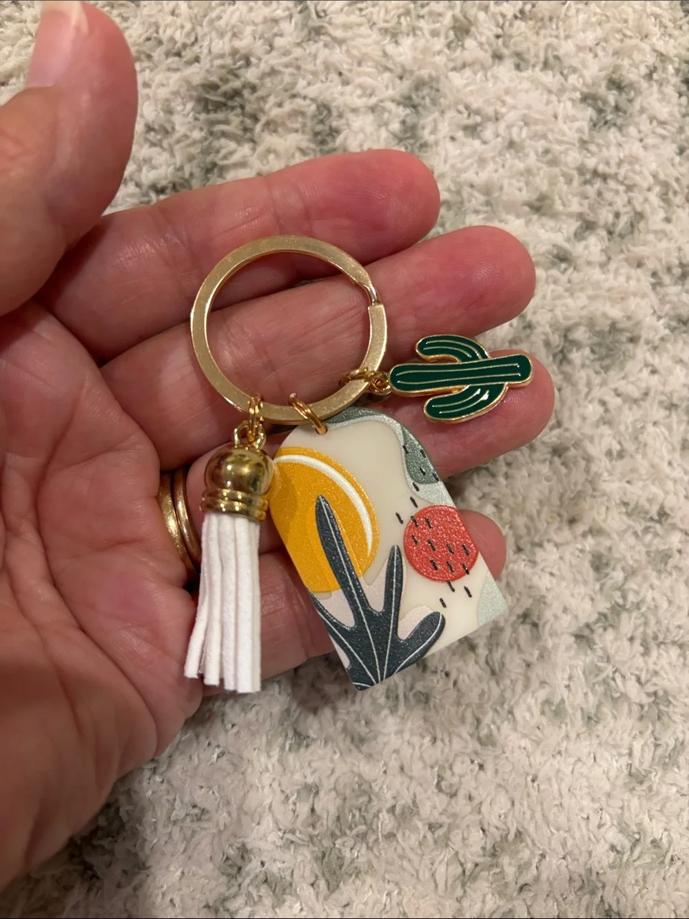 Bohemian Southwest Desert White Tassel Cactus Keychain Bag Charm NWT 2.5”